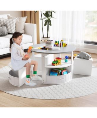 5-Piece Kids Round Nesting Table Set with 4 Storage Stools