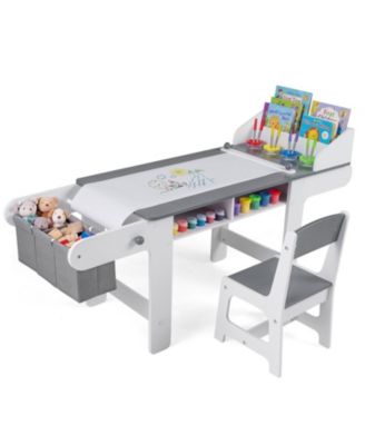 Kids Art Table and Chair Set with Paper Roll and Storage Cubbies