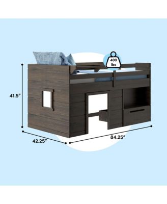 Modern Farmhouse Low Loft Bed with Storage Drawer, Solid Wood Bed for Kids