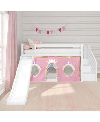 Low Twin over Twin Bunk With Stairs, Easy Slide and Gold Princess Curtain