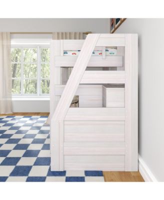 Twin Over Twin Wood Staircase Bunk Bed with Trundle, Driftwood