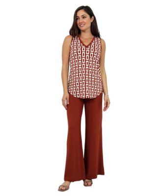 Women's Abstract Print V-Neck Top and Elastic-Waist Flared Pant Set