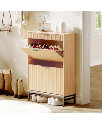 Modern Fluted Shoe Cabinet - 2 Flip +Large Drawer with Gold Handles & Adjustable Shoe Rack
