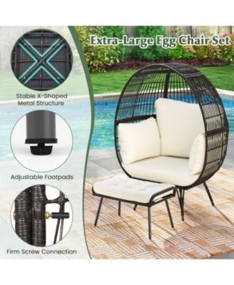 Oversized Rattan Egg Lounge Chair with Ottoman and Cushions