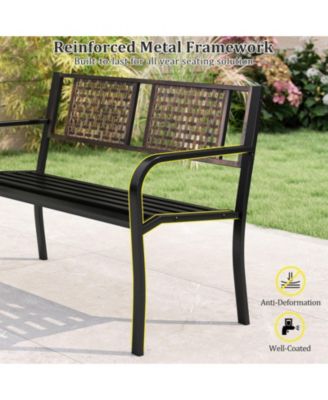 50-inch Outdoor Metal Garden Bench with Rattan-Style Backrest