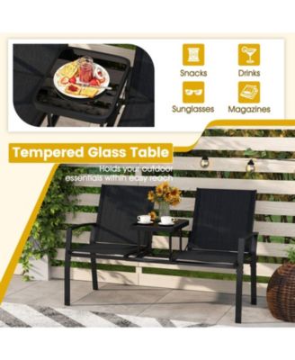 2-Person Patio Loveseat with Tempered Glass Built-in Table