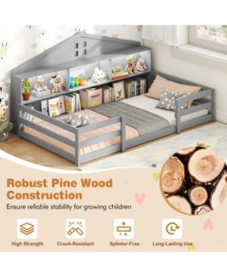 Twin Montessori Floor Bed with Storage Shelves and Storage Compartments
