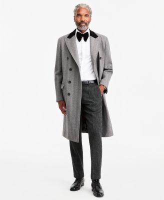 Men's Classic-Fit Herringbone Light Gray Double-Breasted Overcoat