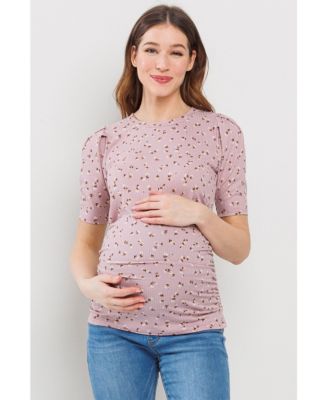 Maternity Floral Ribbed Ruched Puff-Sleeve Fitted Top