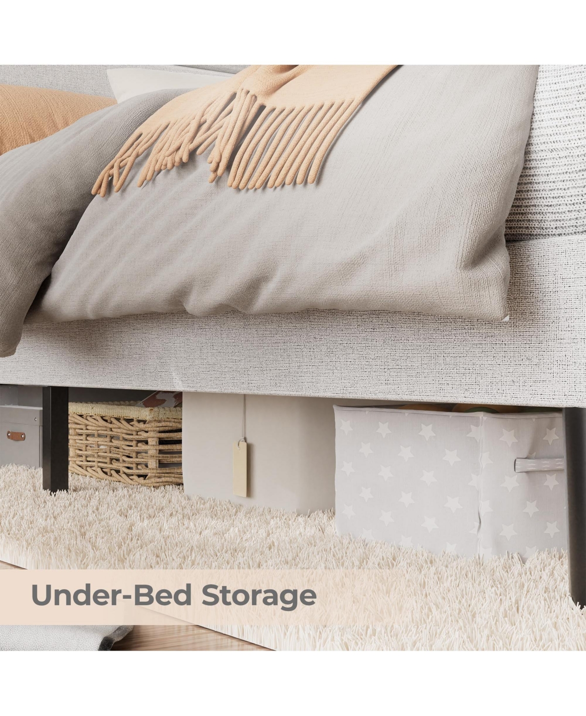 Homfan Modern Upholstered Platform Bed Frame with Led Headboard and Charging Station - Wooden Slat Support, Noise-Free