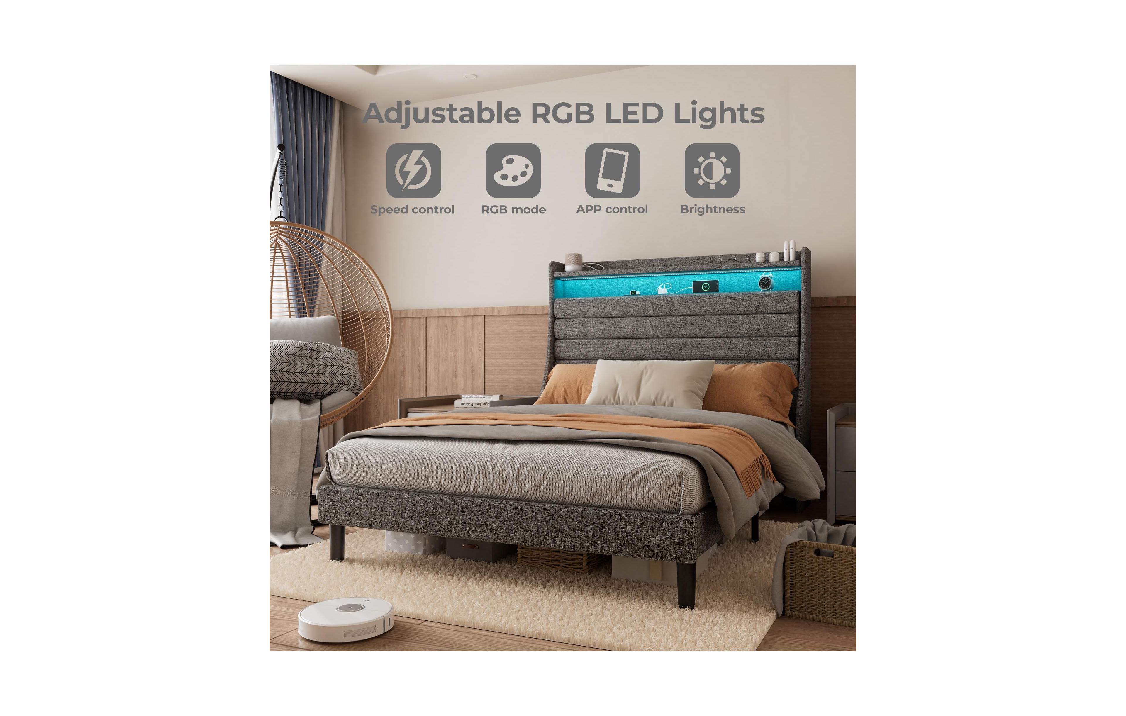 Homfan Modern Upholstered Platform Bed Frame with Led Headboard and Charging Station - Wooden Slat Support, Noise-Free