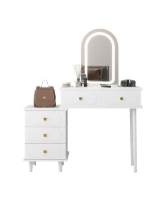 Makeup Vanity Desk with Mirror and Lights, Modern Vanity Table with 2 Drawers and Adjustable 3-Drawer Cabinet, Wood Dressing Table for Bedroom