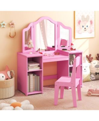 Kids Vanity Set with Tri-Folding Acrylic Mirror, 4 Storage Cubbies and High-Back Chair