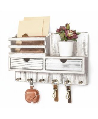 Wall Mounted Key Holder with 2 Drawers 6 Hooks Shelf Mail Organizer Decor