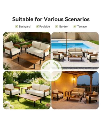4-Piece Patio Conversation Set with 2 Armchairs, Loveseat & Coffee Table, Outdoor Accent Chairs with Removable Cushion, Sturdy Metal Frame