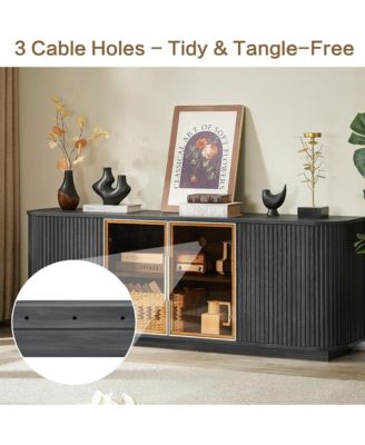 64-Inch Wavy TV Cabinet - Wooden Vertical Stripe Storage Cabinet with Glass Doors and LED Lights, Modern Fluted TV Stand for Living Room