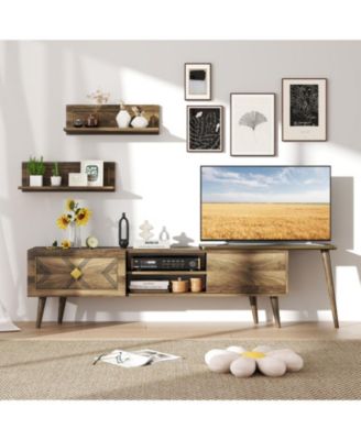 75 in Mid-Century TV Stand with Floating Shelves and Flip Cabinets