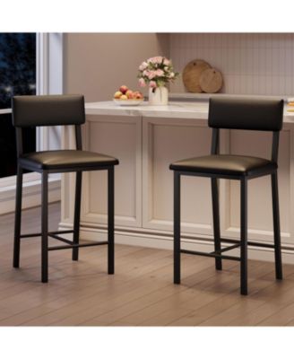 Set of 2 PU Leather Bar Stools with Backrest, Footrest and Cushion