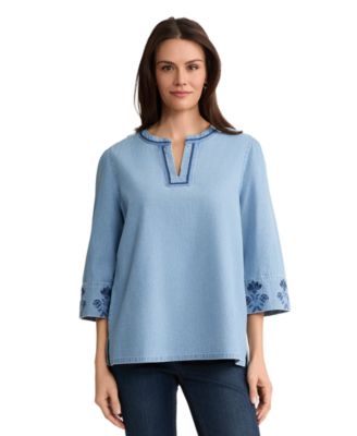 Women's Embroidered 3/4-Length-Sleeve Cotton Blouse
