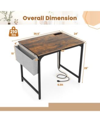 Compact Home Office Desk with Built-In Charging Station, Storage Bag and Headphone Hook