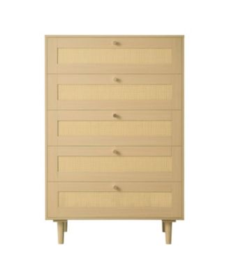 5 Drawer Rattan Dresser, Modern Closet Chest with Metal Handles, Wood Legs