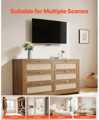 6 Drawer Rattan Dresser, Rattan Chest with Metal Handle