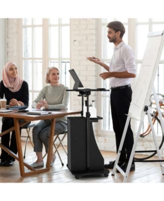 Mobile Standing Desk Cart with Adjustable Tilt Desktop, Cabinet and Open Shelves