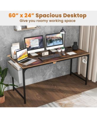 Computer Desk with Built-In Charging Station, Side Storage Bag and Metal Hook
