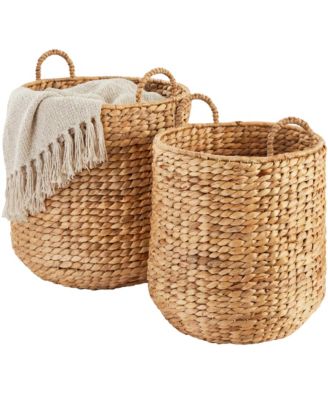 2-Piece Round Nesting Baskets Handles, Handwoven Water Hyacinth, Storage Organizer