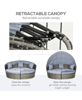 4pc Rattan Patio Furniture Set, Round Convertible Daybed or Sunbed, Adjustable Sun Canopy, Sectional Outdoor Sofa, 2 Chairs, Extending Tea Table, 3 Pillows, Light Gray