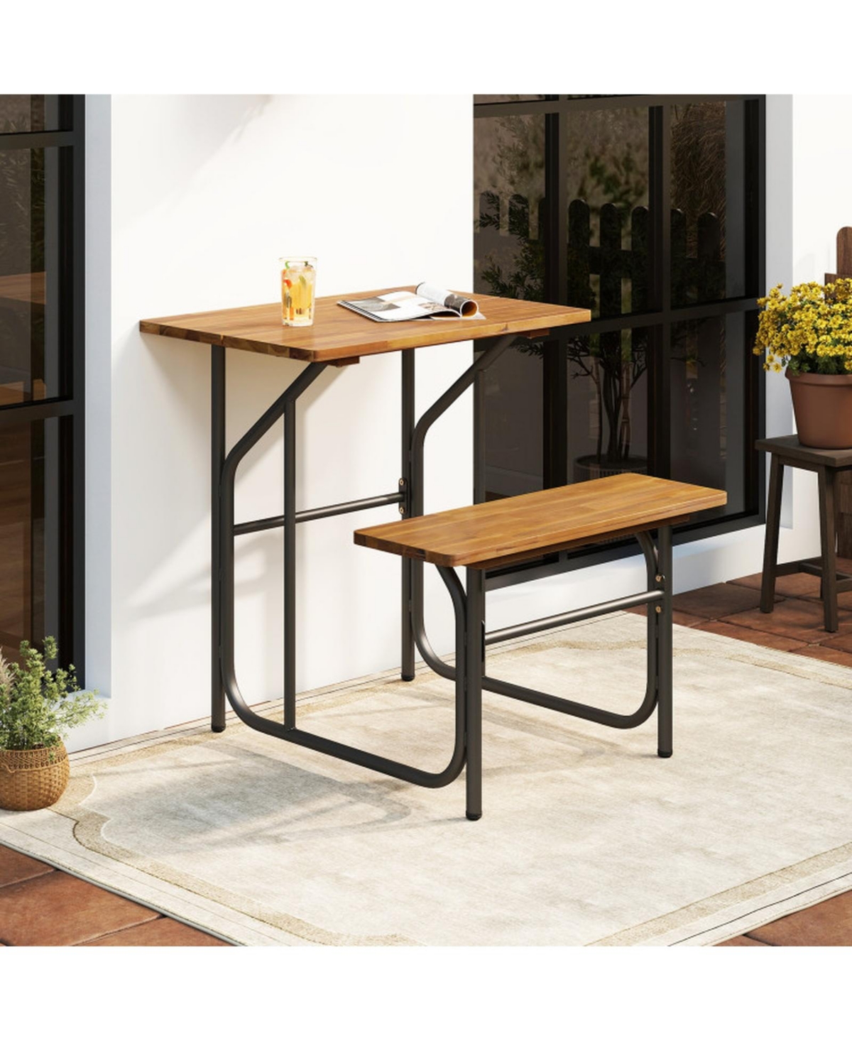 Gouun Acacia Wood Single-Side Patio Table and Bench Set