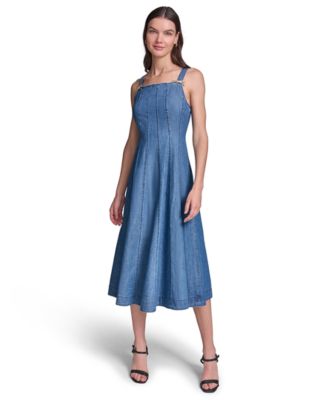 Women's Chambray Fit & Flare Midi with Bow Pins Dress