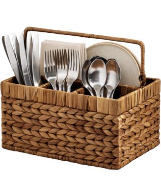 Utensil Caddy Handle - 4 Compartments, Woven Wicker Utensil Silverware Flatware Organizer