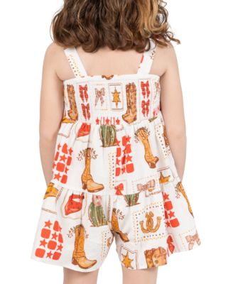 Rare Editions Girls' 2T-6X Western Printed Woven Romper Dress with Smocking