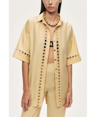 Women's Belted Eyelet Detail Short-Sleeve Jacket