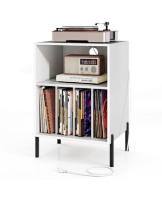 Record Player Stand with Record Storage Shelf and Charging Station