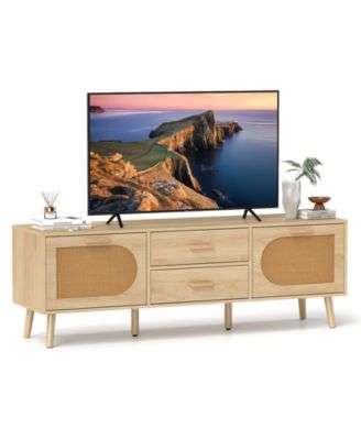 Rattan TV Stand for 65-Inch TV with Drawers and Solid Wood Legs