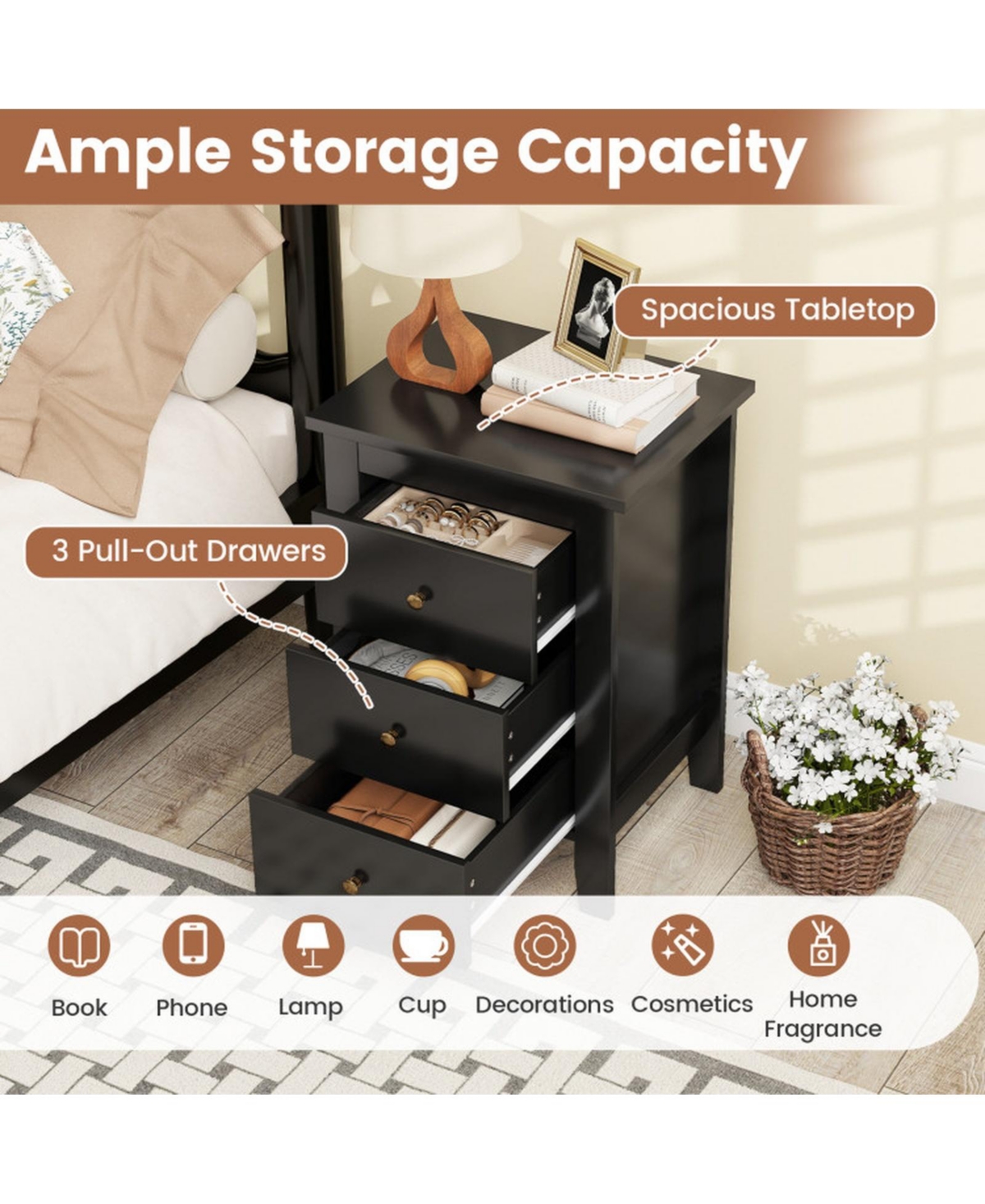 Gouun Set of 2 Three-Drawer Nightstands with Open Platform Top