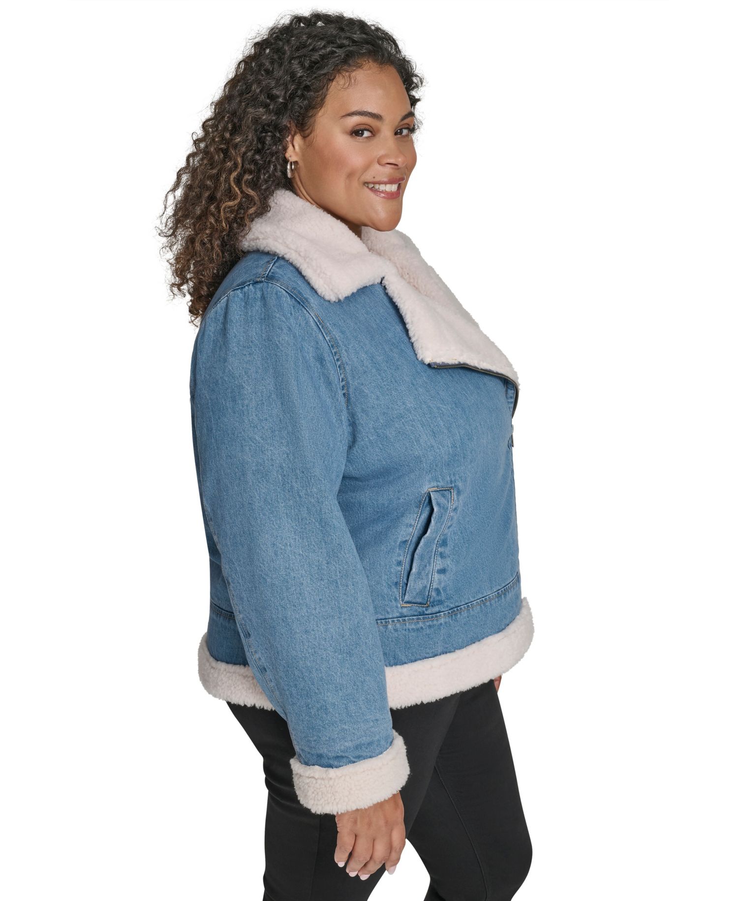 Plus Size Denim Laydown Collar Moto Jacket
