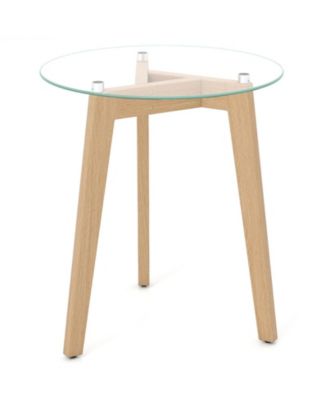 Tempered Glass End Table Round with Solid Rubber Wood Structure-1 Piece