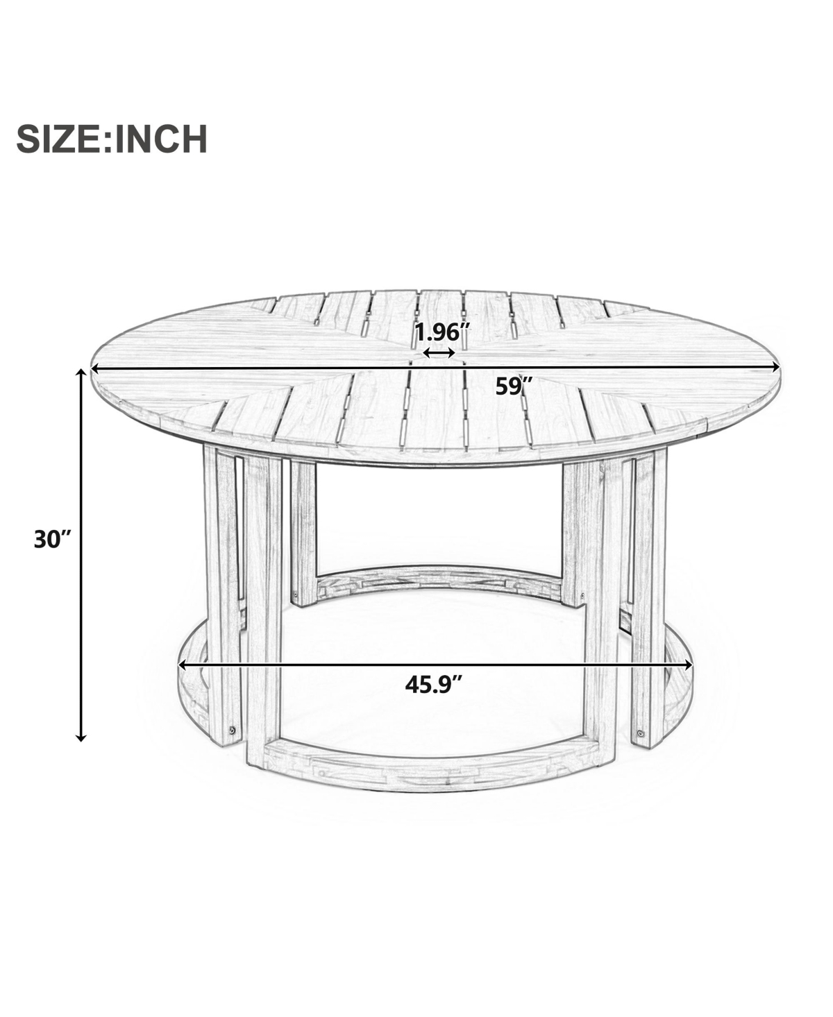 Rainsken 59" Round Patio Dining Table, Herringbone Pattern Acacia Wood Table with Umbrella Hole and Circular Base for Garden, Poolside and Backyard