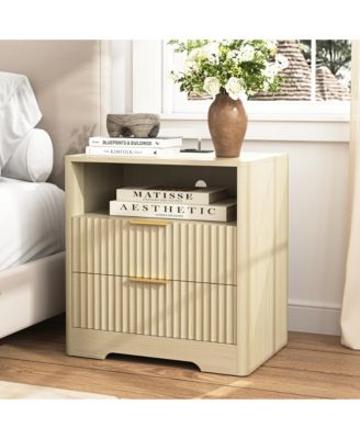 Nightstand with Charging Stations and Night Light, 2-Drawer Bedside Table with Open Storage Shelf for Bedroom, Living Room