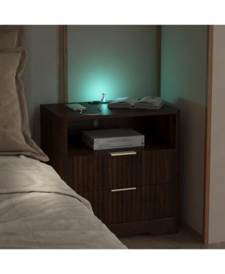 2-Drawer Bedside Nightstand with Built-in Charging Station, LED Night Light and Open Storage Shelf for Bedroom and Living Room