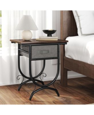 Side Table with Fabric Drawer and Carved Metal Frame for Living Room