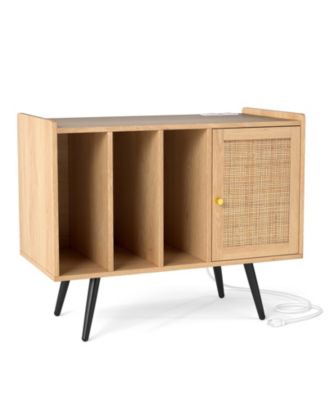 Record Player Stand with Charging Station and Rattan Cabinet for Living Room