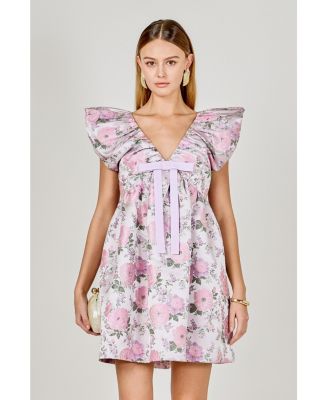 open lace back dress Macy Floral Ruffle Midi Dress-Pink