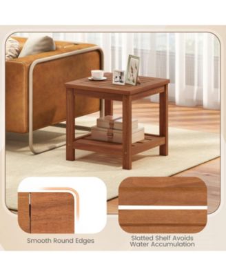 2-Tier Solid Wood Patio Side Table with Storage Shelf