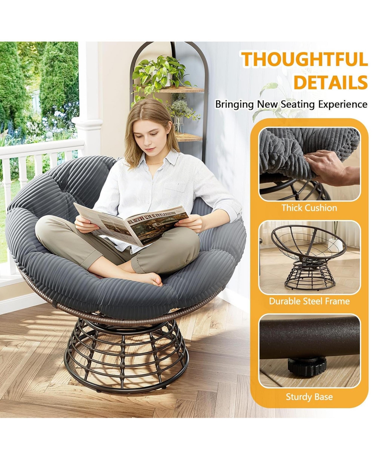 Rainsken 360degree(s) Swivel Rattan Papasan Chair, Indoor Outdoor Wicker Accent Chair with Soft Thick Cushion, 300 Lbs Capacity for Balcony