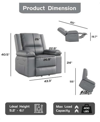 Oversized Wide Power Lift Recliner Chair - Heat and Massage, Adjustable Back and Legs, PU Leather Electric Lift Chair Designed for The Elderly