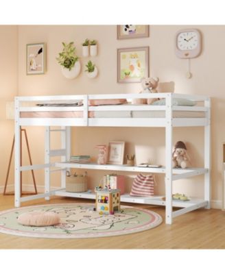 Kids Loft Bed with Storage Shelves and Safety Guardrails